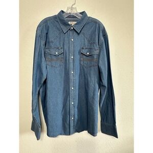 BLUE RANCHWEAR Mens XL Denim Western Long‎ Sleeve Button Up Shirt Blue
